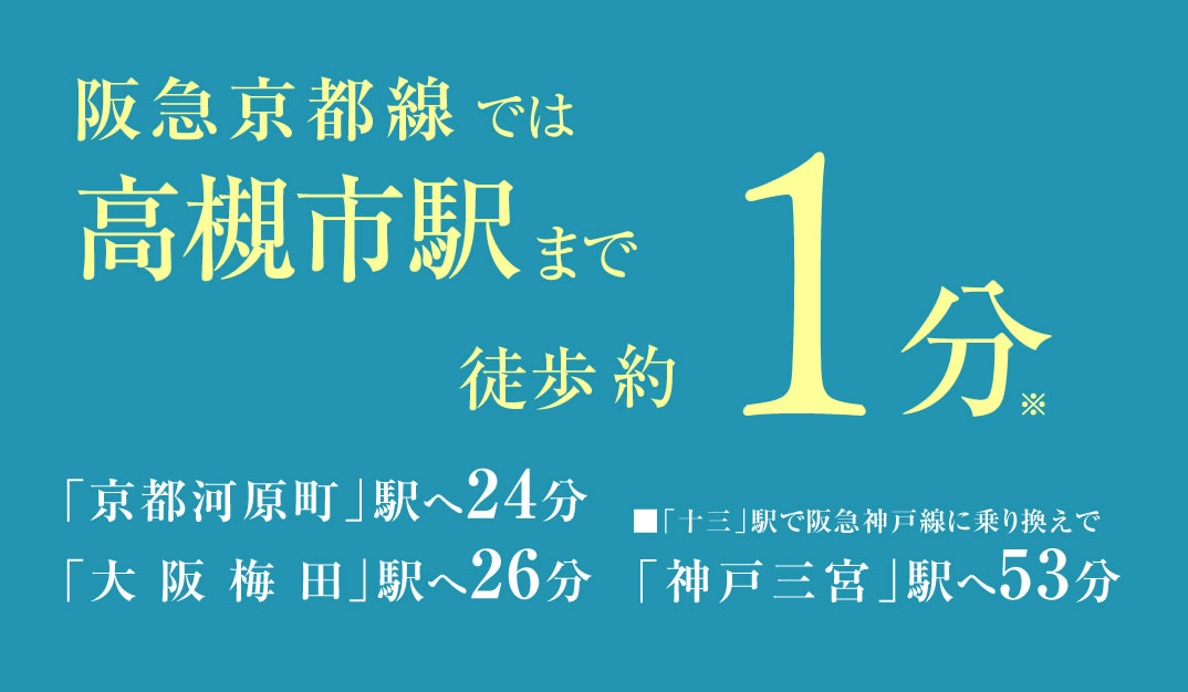 阪急京都線では高槻市駅まで徒歩約1分※,「京都河原町」駅へ24分 「大阪梅田」駅へ26分 「十三」駅で阪急神戸線に乗り換えで「神戸三宮」駅へ53分